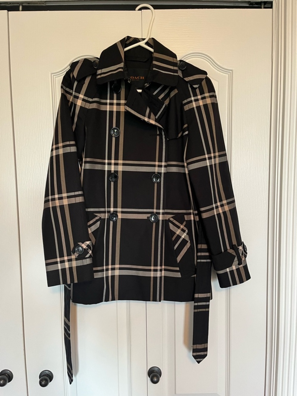 Coach Black Trench Coat with Beige Plaid Accents. Classic polished look for Fall - Picture 2 of 5